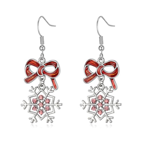 Clearine Weihnachtsohrringe für Damen Glänzende Strasssteine Niedliche Schleife Schneeflöckchen Hängen Ohrring Weihnachtsfest Dekor Urlaub Party Schmuck Geschenk Rosa Silber-Ton von Clearine