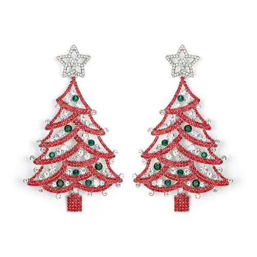 Clearine Weihnachtsohrringe für Damen Glänzende Strasssteine Stern Weihnachtsbaum Ohrhänger Festivaldekoration Feiertagsfeier Schmuck Geschenk Rot Silberfarben von Clearine