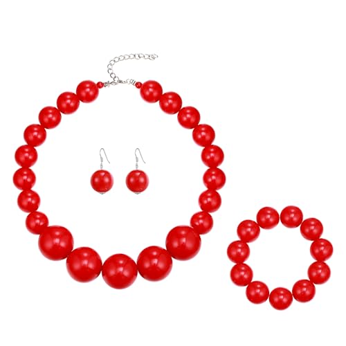 Clearine Weiß Perlen Chunky Halskette Modeschmuck für Damen Strang Aussage Halsketten Armband Ohrringe Set für Halloween Cosplay Party Prom A Rote Perlen von Clearine