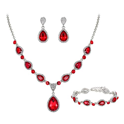 Clearine Y-Halskette + Ohrringe und Armband Marquise Kristall Tennis Armkette Hochzeit Braut Träne Diamant Kostüm Schmuckset für Damen Rubin-Rot Silber-Ton von Clearine