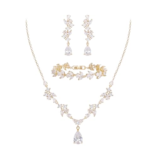 Clearine Zirkonia Hochzeit Schmuck Set Teardrop Marquise Cluster Halskette Dangle Ohrringe und Tennis Armband Set für Damen Braut Klar Gold-Ton von Clearine