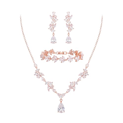 Clearine Zirkonia Hochzeit Schmuck Set Teardrop Marquise Cluster Halskette Dangle Ohrringe und Tennis Armband Set für Damen Braut Klar Rosegold-Ton von Clearine