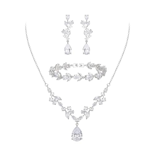 Clearine Zirkonia Hochzeit Schmuck Set Teardrop Marquise Cluster Halskette Dangle Ohrringe und Tennis Armband Set für Damen Braut Klar Silber-Ton von Clearine