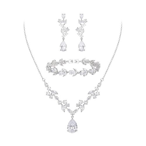 Clearine Zirkonia Hochzeit Schmuck Set Teardrop Marquise Cluster Halskette Dangle Ohrringe und Tennis Armband für Damen Braut Klar Silber Ton von Clearine