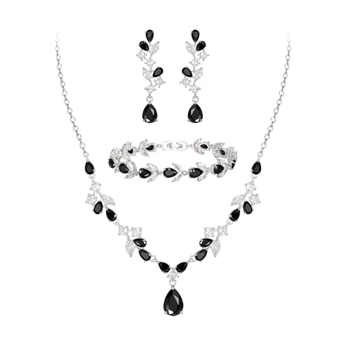 Clearine Zirkonia Hochzeit Schmuck Set Teardrop Marquise Cluster Halskette Dangle Ohrringe und Tennis Armband für Damen Braut Schwarz Silber Ton von Clearine