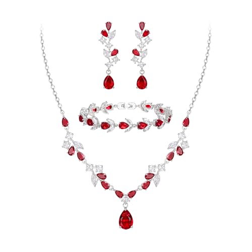 Clearine Zirkonia Hochzeit Schmuck Set Teardrop Marquise Cluster Halskette Dangle Ohrringe und Tennis Armband für Damen Braut Rubin Silber Ton von Clearine