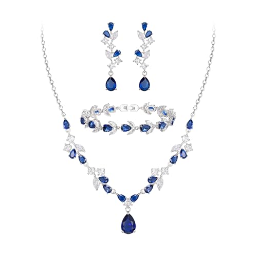 Clearine Zirkonia Hochzeit Schmuck Set Teardrop Marquise Cluster Halskette Dangle Ohrringe und Tennis Armband für Damen Braut Saphir Silber Ton von Clearine