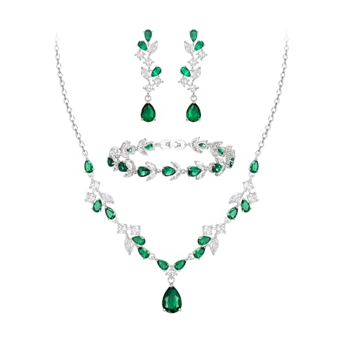 Clearine Zirkonia Hochzeit Schmuck Set Teardrop Marquise Cluster Halskette Dangle Ohrringe und Tennis Armband für Damen Braut Smaragdgrün Silber Ton von Clearine