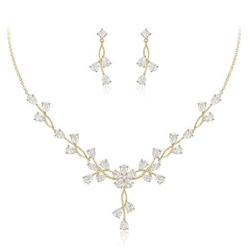 Clearine Zirkonia Schmuck Set für Braut Hochzeit Party Teardrop CZ Blume Blatt Filigrane Halskette ubd Ohrringe Set Klar Gold-Ton von Clearine