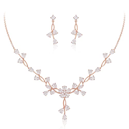 Clearine Zirkonia Schmuck Set für Braut Hochzeit Party Teardrop CZ Blume Blatt Filigrane Halskette ubd Ohrringe Set Klar Rosegold-Ton von Clearine