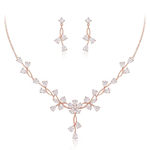 Clearine Hochzeit Schmuck Set für Braut Teardrop CZ Blume Blatt Filigrane Halskette Ohrringe klar Rose Gold-Tone von Clearine