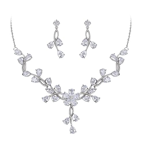 Clearine Zirkonia Schmuck Set für Braut Hochzeit Party Teardrop CZ Blume Blatt Filigrane Halskette ubd Ohrringe Set Klar Silber-Ton von Clearine