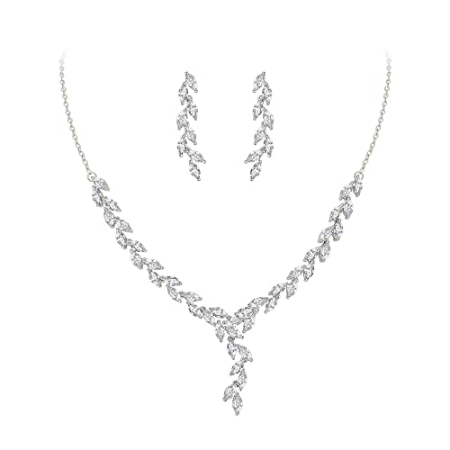 Clearine Zirkonia Schmuck-Set für Damen Brautjungfer Marquise klarer Cluster Y-Form Halskette und Ohrringe Set Silber-Ton von Clearine