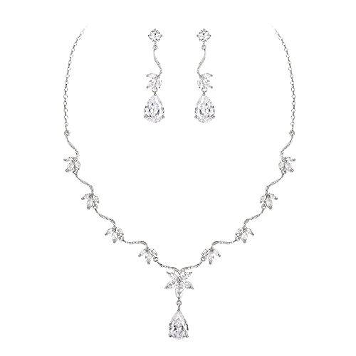 Clearine Zirkonia Schmuck Set für Damen Marquise Teardrop Blume Blatt Filigran Braut Halskette und Ohrringe Set für Gast Prom Klar Silber-Ton von Clearine