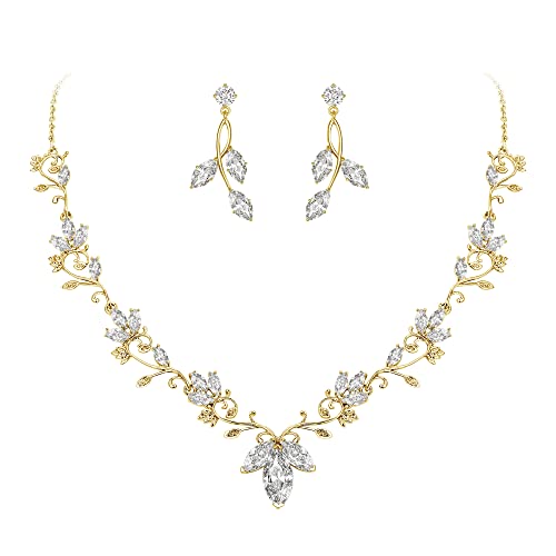 Clearine Zirkonia Schmuck-Set für Frauen CZ Teardrop Blumen Blatt Filigrane Halskette Ohrringe klar Gold-Ton von Clearine