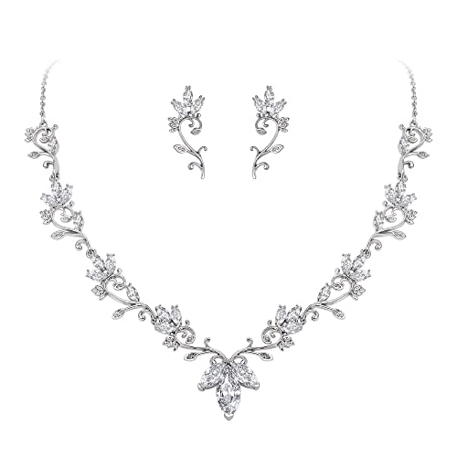 Clearine Zirkonia Schmuck-Set für Frauen CZ Teardrop Blumen Blatt Filigrane Halskette Ohrringe klar Silber-Ton von Clearine