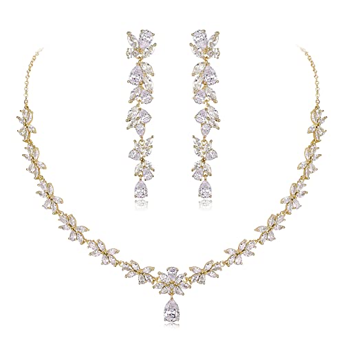 Clearine Zirkonia Schmuck-Set für Hochzeit Funkelnde Tropfen Marquise Cluster-Anhänger Halskette Tropfen baumelnde Ohrringe und Set für Damen Klar Gold-Ton von Clearine