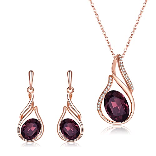 Clearine Zirkonia Schmuckset Hochzeit Braut Blume Knospe Kristall Trofen Halskette und Ohrringe Set für Damen Braut Amethyst-Rot Roségold-Ton von Clearine