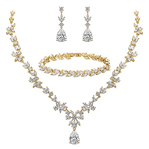 Clearine Zirkonia Schmuckset Hochzeit Braut für Damen Marquise Teardrop Cluster Statement Halskette Ohrhänger und Tennis Armband Set Klar Gold Ton Clearine Zirkonia Schmuckset Hochzeit Braut für Damen Marquise Teardrop Cluster Statement Halskette Ohrhänger und Tennis Armband Set Klar Gold Ton von Clearine