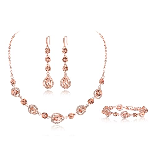 Clearine funkelnde elegante Strass Halskette Armband und Ohrringe Schmuck-Set für Damen Mädchen Prom Kleid Modeschmuck Champagner Rose Gold-Ton von Clearine