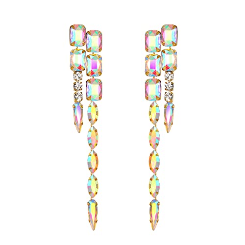 Clearine Damen Strass Kristall Marquise Rechteck Smaragd Schnitt Kronleuchter Tropfen Statement Ohrringe für Party Prom Schillernd AB Gold Ton von Clearine