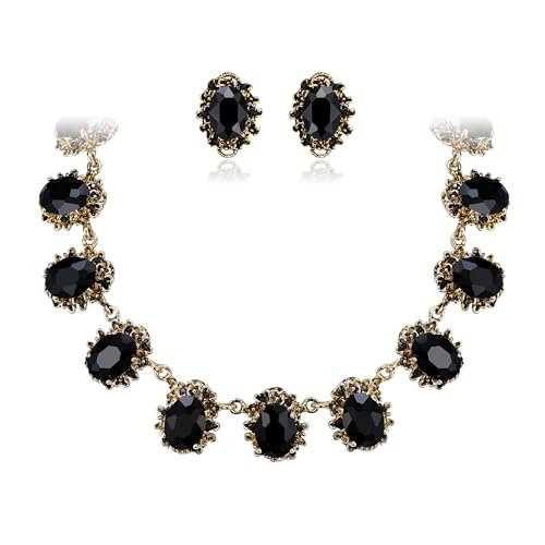 Clearine viktorianischen Stil Aussage Halskette durchbohrt Ohrringe Schmuck Set für Damen Crystal Floral Cameo inspiriert ovale Partei Prom Schmuck Schwarz Antik Gold Ton von Clearine