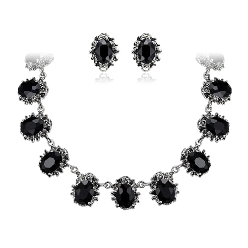 Clearine viktorianischen Stil Aussage Halskette durchbohrt Ohrringe Schmuck Set für Damen Crystal Floral Cameo inspiriert ovale Partei Prom Schmuck Schwarz Antik Silber Ton von Clearine