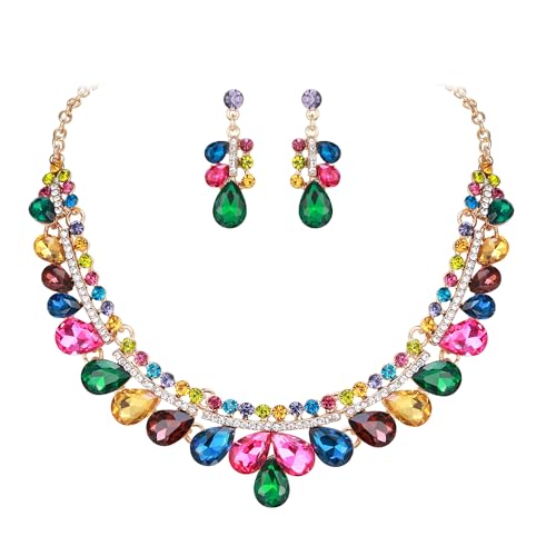 Clearine wunderschöne Schmuck Set für Damen beeindruckende glänzende Kristall Tropfen Cluster Statement Halskette baumeln Ohrringe Set für Hochzeit Partei Prom Mehrfarbig Gold Ton von Clearine