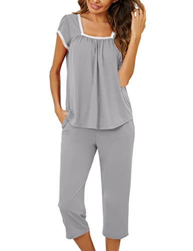 3/4 Lang Nachthemden Button Down Pyjama Set Kurzarm Zweiteiliger Spitze Schlafanzug Loungewear (Grau, L) von Clearlove