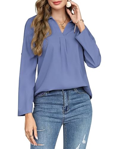 Bluse Damen V-Ausschnitt Hemd Langarm Hemdbluse Elegant Büroblusen Lose Lässige Oberteile Langarmshirt Arbeit Shirt Blau M von Clearlove