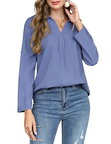 Bluse Damen V-Ausschnitt Hemd Langarm Hemdbluse Elegant Büroblusen Lose Lässige Oberteile Langarmshirt Arbeit Shirt Blau XXL von Clearlove