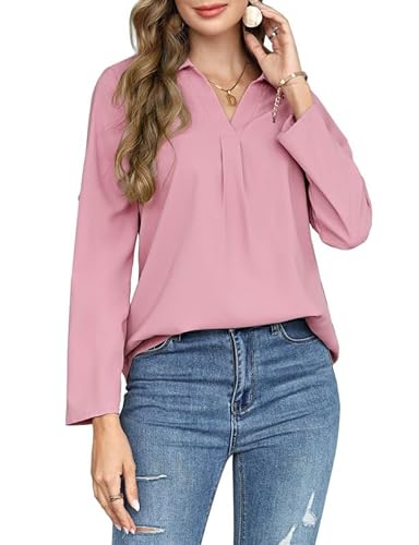 Bluse Damen V-Ausschnitt Hemd Langarm Hemdbluse Elegant Büroblusen Lose Lässige Oberteile Langarmshirt Arbeit Shirt Rosa XL von Clearlove