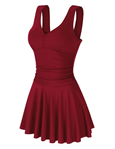 Clearlove Badeanzug Schwimmanzug Damen Einteiler Schlankheits Raffung High Neck Bademode Strandmode Weinrot-Upgrade,XXXL von Clearlove