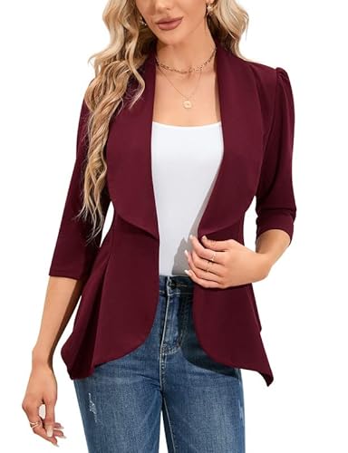 Clearlove Blazer Damen Elegant Business Blazer 3/4 Arm lang Slim Fit Frühling Jacke(Weinrot,L) von Clearlove