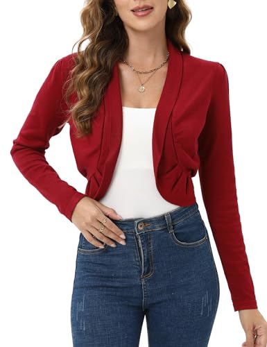 Clearlove Bolero Damen Festlich Kurz Open Front Copped Bolero Cardigan Langarm Solid Strickjacke Jäckchen Elegante Weinrot XL von Clearlove