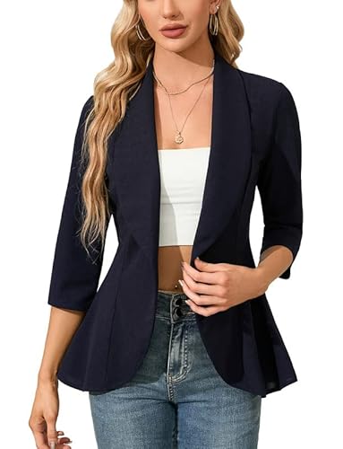 Clearlove Business Jersey Blazer Damen Elegant Sportlich Taillierter Blazer Damen Gehrock 3/4 Ärmel Navy Blau L von Clearlove