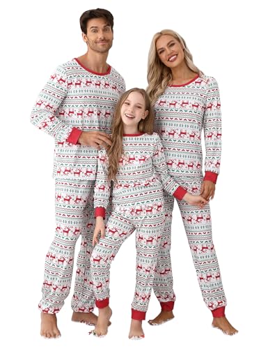 Clearlove Christmas Familien Weihnachten Pyjama Schlafanzug Langarm Zweiteiliger Set Sleepwear Nachtwäsche(Damen-Weiß,XXL) von Clearlove