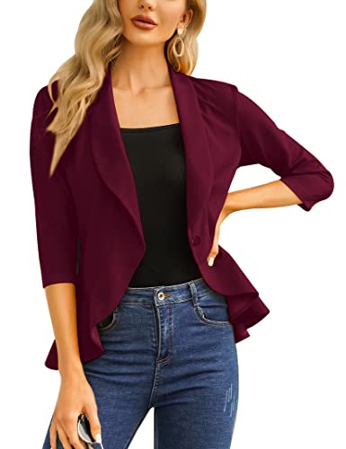 Clearlove Damen Blazer 3/4 Ärmel Lang Elegant Blazerjacke Einfarbig Slim Ruffled Blazer Geschäft Büro Blazer Sportlich Jack Outwear Revers Anzüge von Clearlove