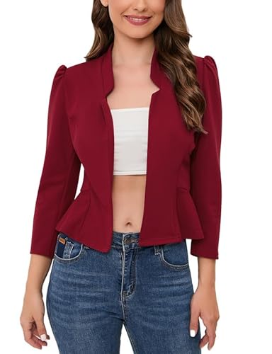 Clearlove Damen Blazer 3/4 Arm Jacke Business Blazer Einfarbig Slim Sportlich Jack Casual Anzug Offene Front Cardigan Arbeit Weinrot XXL von Clearlove