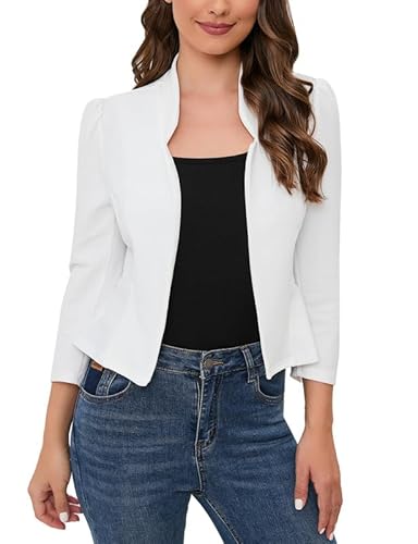 Clearlove Damen Blazer 3/4 Arm Jacke Business Blazer Einfarbig Slim Sportlich Jack Casual Anzug Offene Front Cardigan Arbeit Weiß XXL von Clearlove