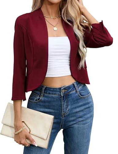 Clearlove Damen Blazer Anzug Offene Front Cardigan 3/4 Ärmel Casual Arbeit Büro Cropped Blazer Jacke für Damen(Weinrot,XXL) von Clearlove