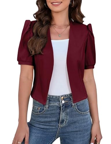 Clearlove Damen Blazer Kurzarm Elegant Blazerjacke Puffhülle Einfarbig Slim Cardigan Casual Open Front Jacken Kurz Outwear, Weinrot, XL von Clearlove