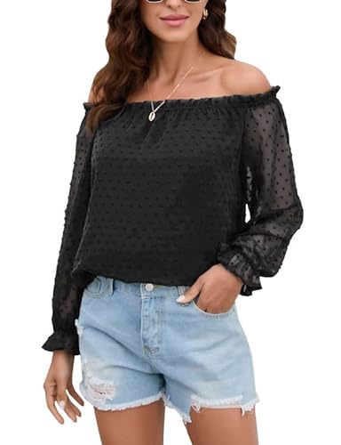 Clearlove Damen Bluse Chiffon Langarm Hemd Schulterfrei Elegant Summer Casual Einfarbig Swiss Dot Oberteile Schwarz XL von Clearlove