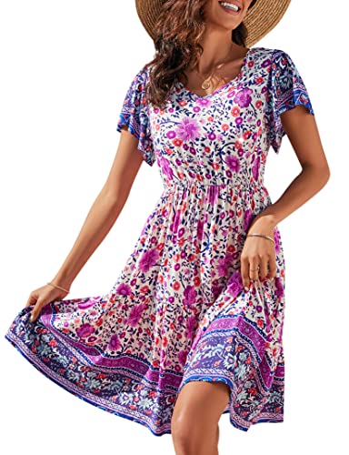 Clearlove Damen Boho Sommerkleid Knielang Blumen Retro Strandkleid Kurzarm V-Ausschnitt Blumendruck Kleid Elegant Midikleid Sommer Rosa L von Clearlove