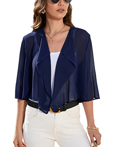 Clearlove Damen Bolero Elegant Chiffon Achselzucken Strickjacke Cardigan 3/4 Ärmel Frauen Kurz Festlich Sommer Shrug Schulterjacke Bolerojacke Tops(Navy Blau,L) von Clearlove