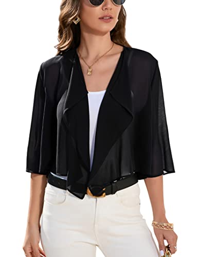 Clearlove Damen Bolero Elegant Chiffon Achselzucken Strickjacke Cardigan 3/4 Ärmel Frauen Kurz Festlich Sommer Shrug Schulterjacke Bolerojacke Tops(Schwarz,L) von Clearlove