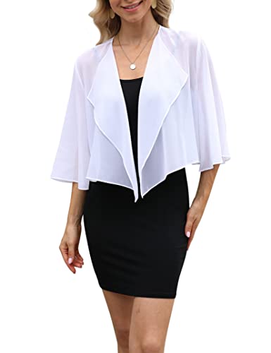 Clearlove Damen Bolero Elegant Chiffon Achselzucken Strickjacke Cardigan 3/4 Ärmel Frauen Kurz Festlich Sommer Shrug Schulterjacke Bolerojacke Tops(Weiß,S) von Clearlove