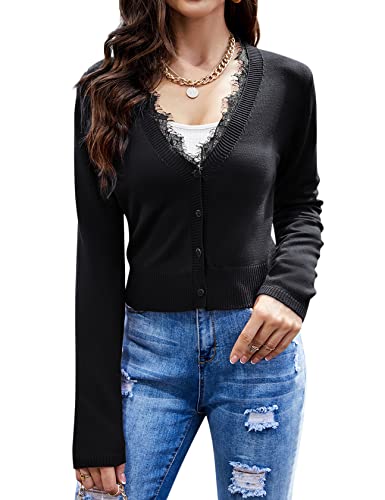 Clearlove Damen Bolero Kurz Strickjacke V-Ausschnitt Langarm Cardigan mit Knopf Schwarz-Spitze,S von Clearlove