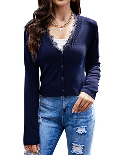 Clearlove Damen Bolero Kurze 3/4 Ärmel Strickjacke Schulterjacke Shrug Top Elegant Leichte Cardigan Casual Top Dunkelblau-Spitze,XL von Clearlove