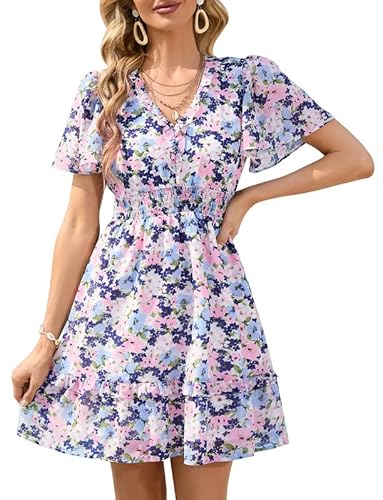 Clearlove Damen Sommerkleid Elegant Kleider Tunika V-Ausschnitt Kurzarm Print Sommer Kleid Rüschensaum Lässiges Minikleid Weiß L von Clearlove